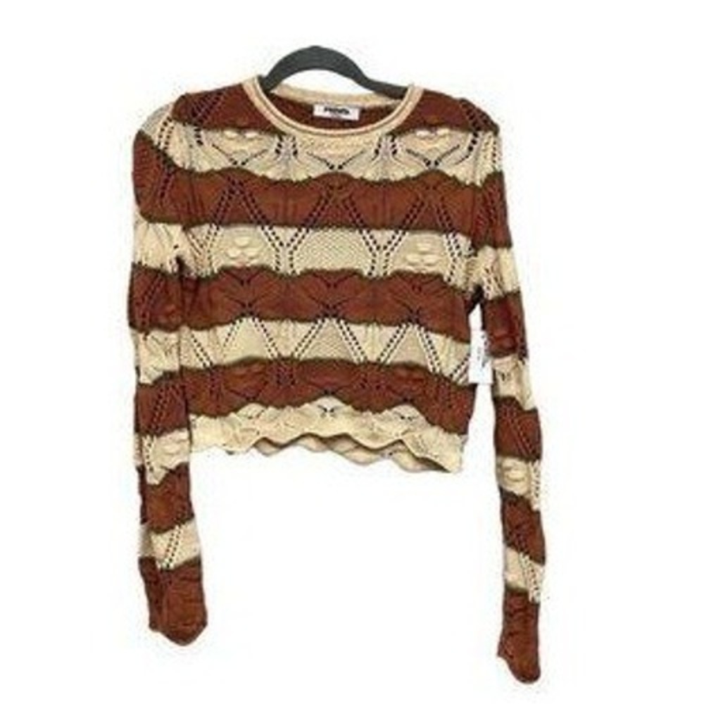RSQ Urban Outfitters Cream Brown Stripe Crochet Open Knit Cropped Sweater Size S